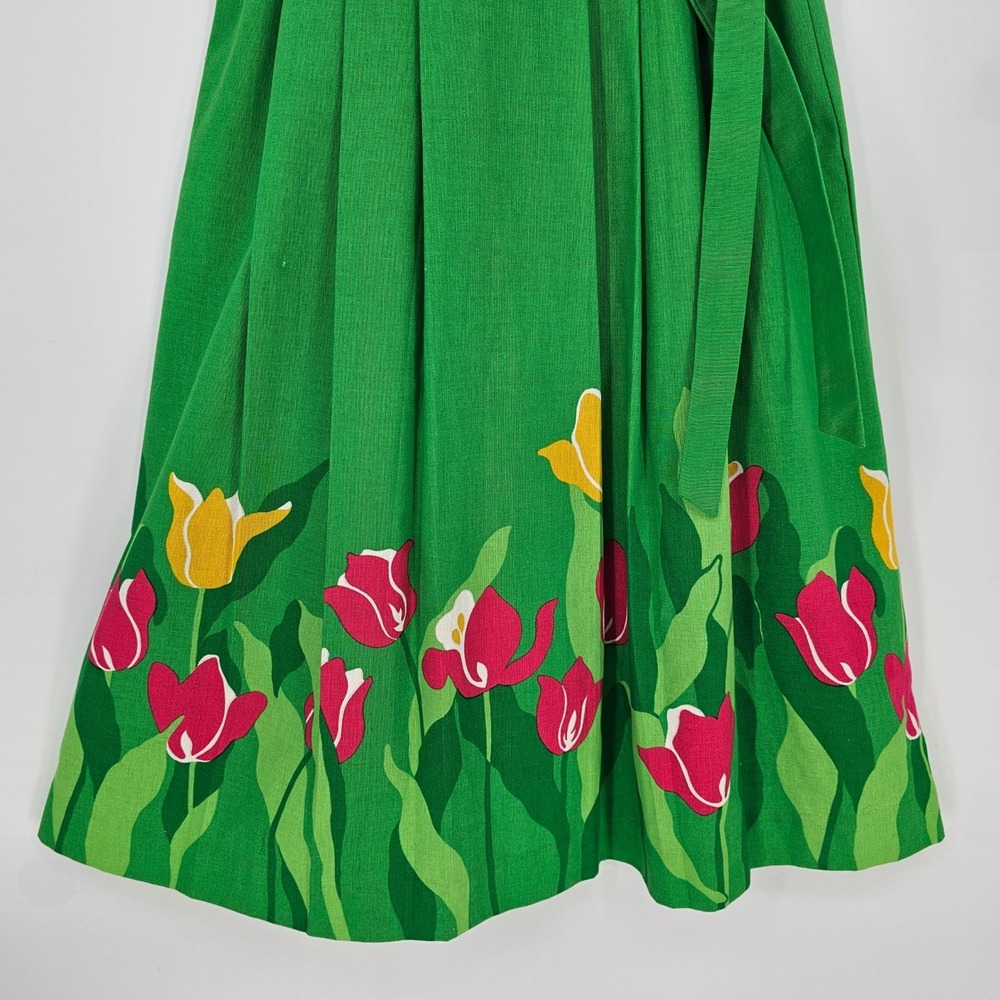 Vintage 60s Malia Honolulu Hawaiian Sundress 10 Green Tulip Border Belted Resort - Picture 4 of 15